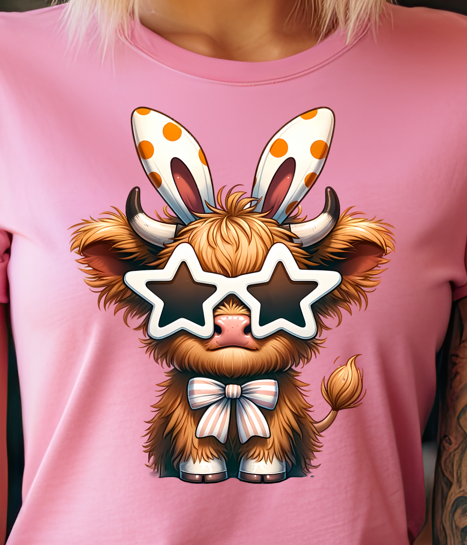 Bunny Eared Highland Cow Shirt E28 - Screenprinted