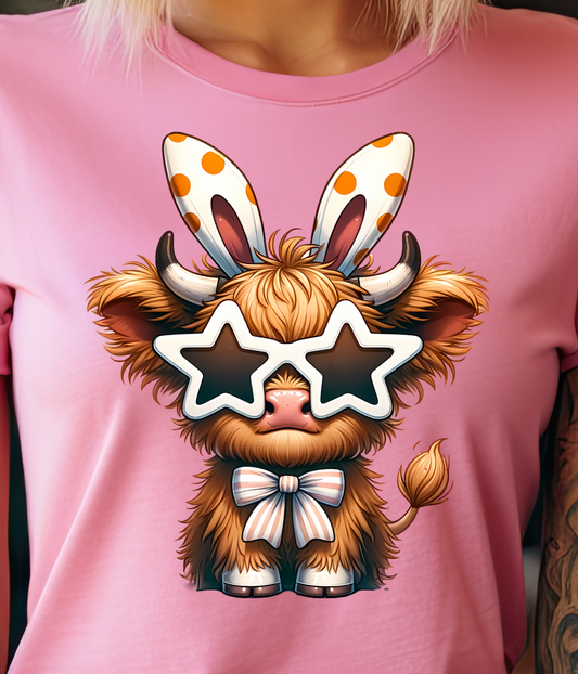 Bunny Eared Highland Cow Shirt E28 - Screenprinted
