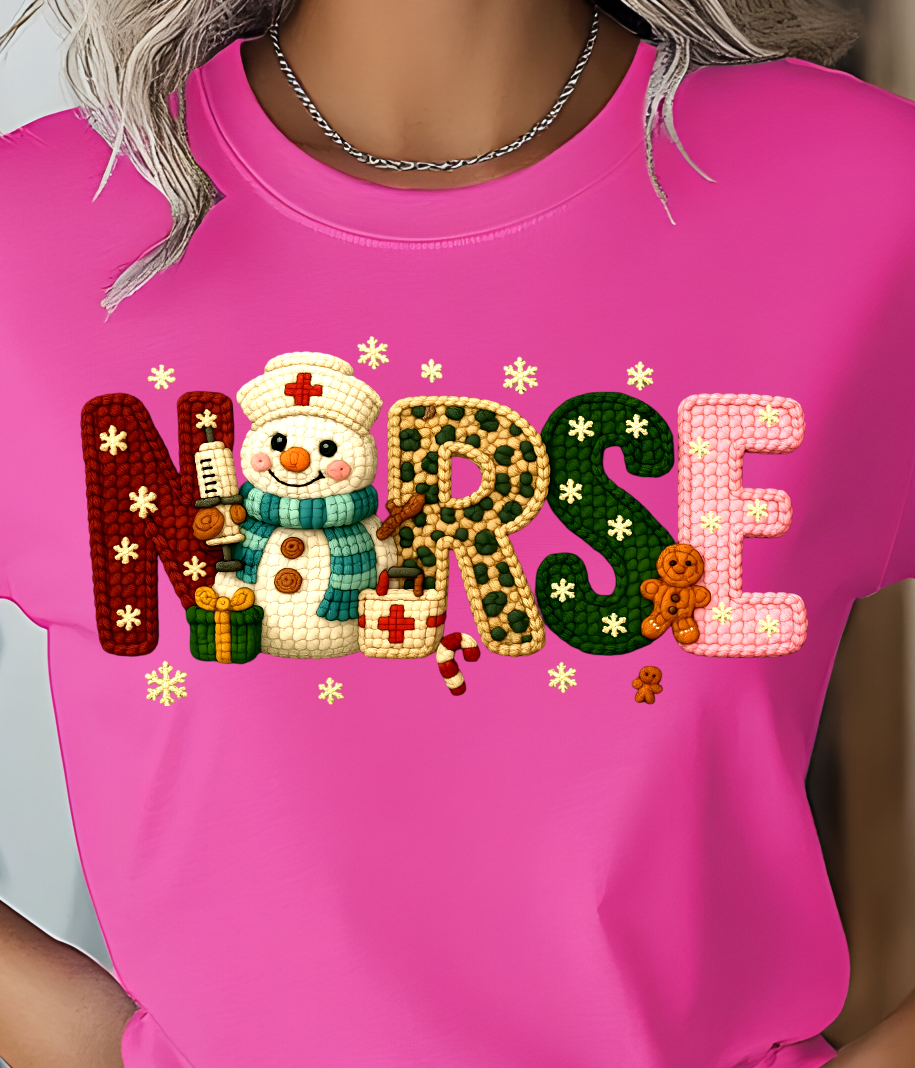 Christmas Nurse Yarn Letter Snowman Shirt - Screenprinted