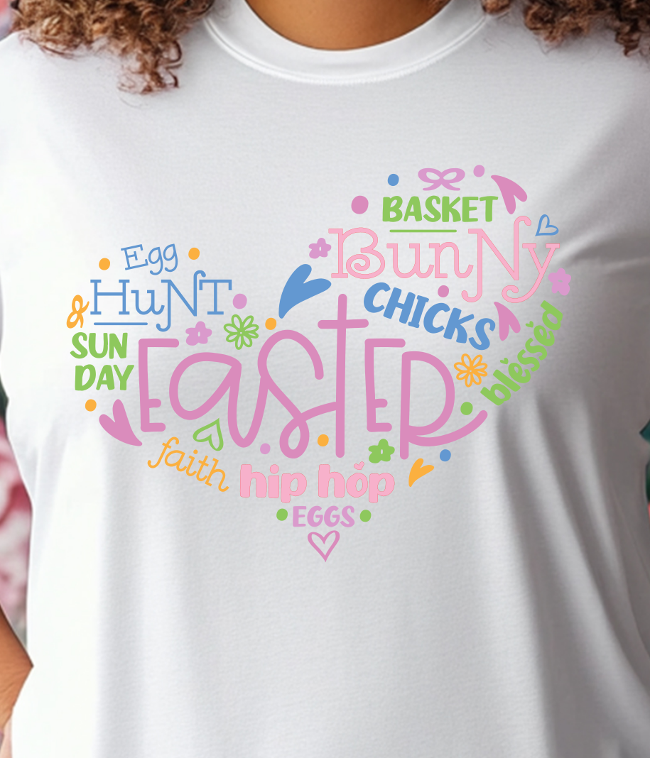 Easter Word Art Heart Shirt E24 - Screenprinted