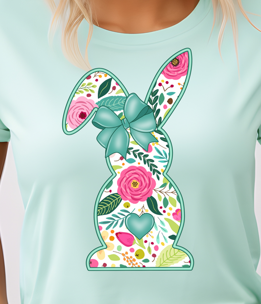 Floral Print Bunny Teal Shirt E40T - Screenprinted