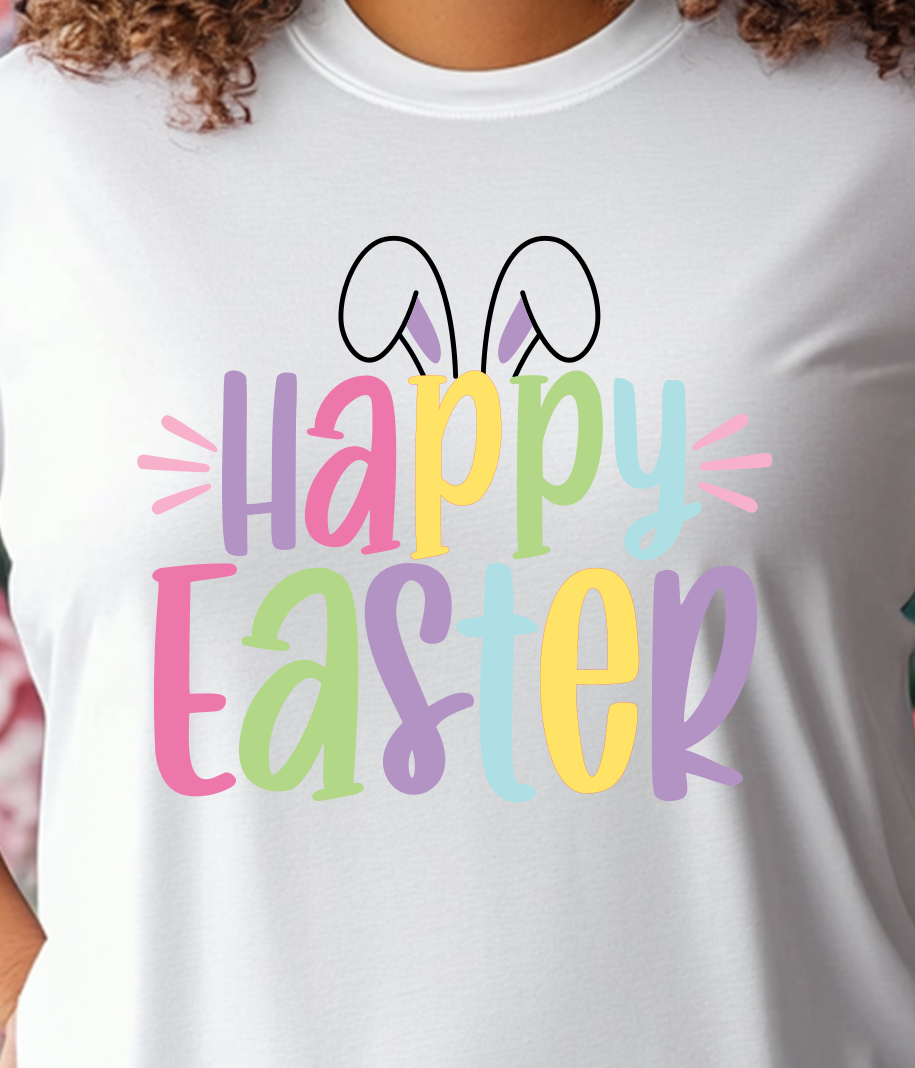 Happy Easter w Bunny Ears Shirt E25 - Screenprinted