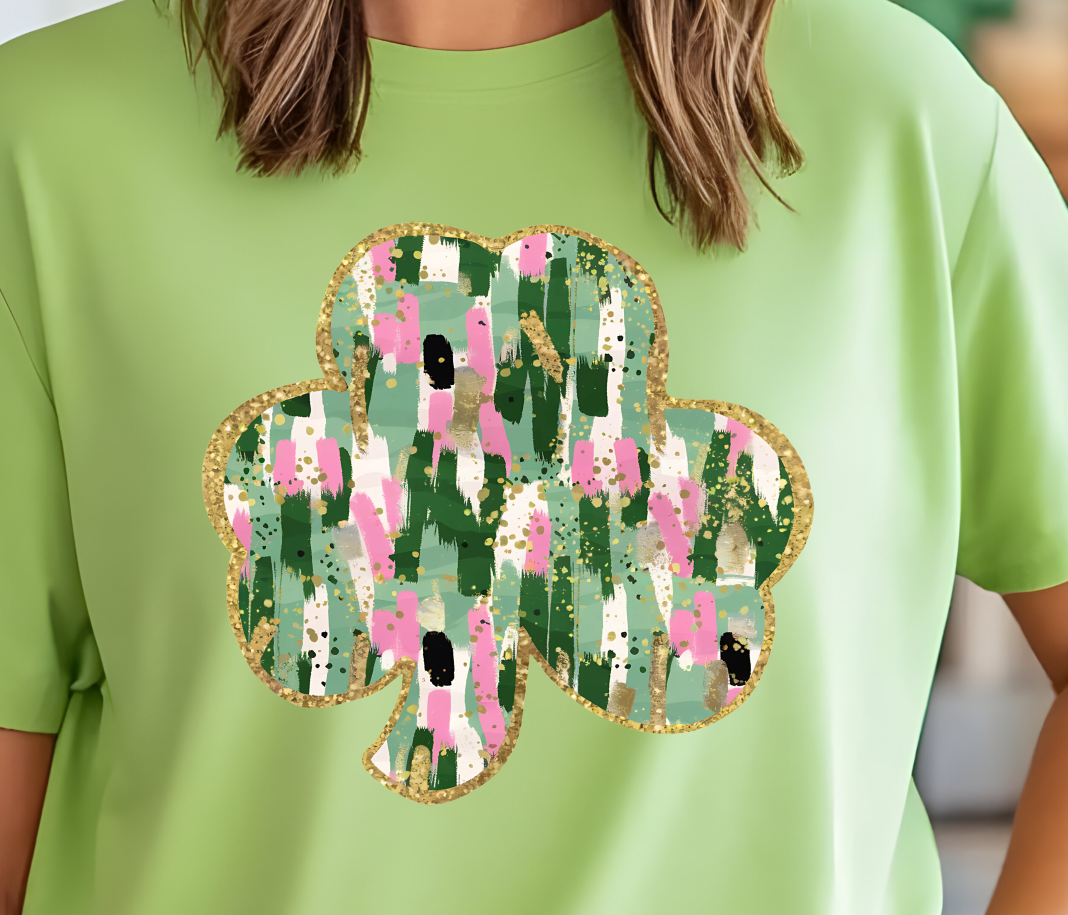 St Patrick's Watercolor Glitter Clover Shirt - Screenprinted