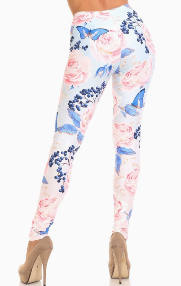 Creamy Soft Butterflies and Jumbo Pink Roses Leggings