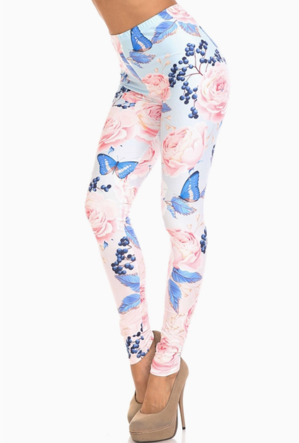 Creamy Soft Butterflies and Jumbo Pink Roses Leggings