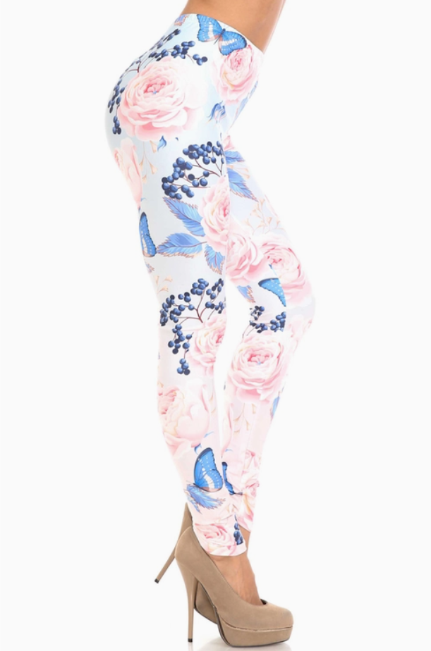 Creamy Soft Butterflies and Jumbo Pink Roses Leggings