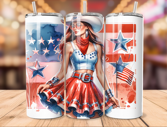 Patriotic Cowgirl w Flag Backdrop Tumbler