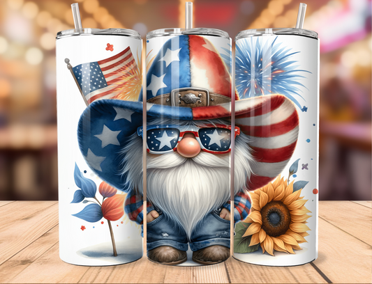 Patriotic Gnome Single Flag Firework Sunflower Tumbler