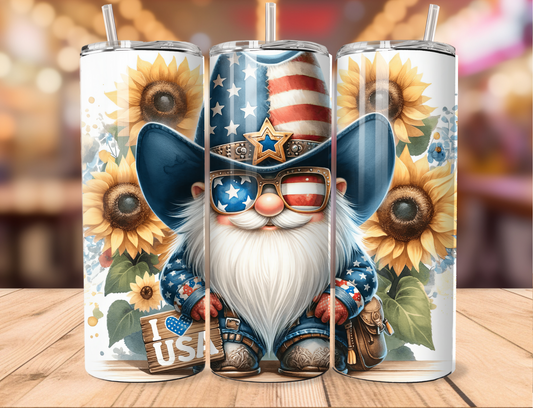 Patriotic Gnome w Sunflowers Tumbler