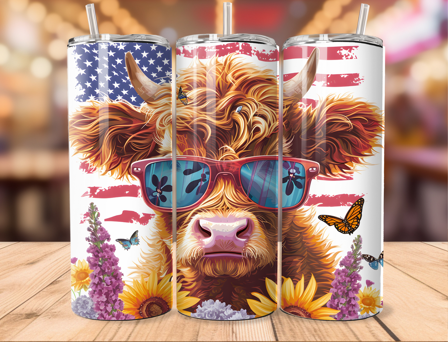 Patriotic Hyland Cow Sunglasses Flowers Tumbler