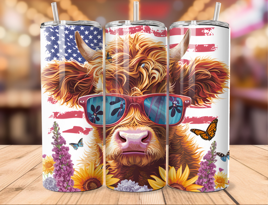 Patriotic Hyland Cow Sunglasses Flowers Tumbler