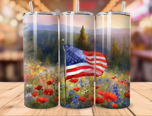 Watercolor Field of Flowers w Flag Tumbler