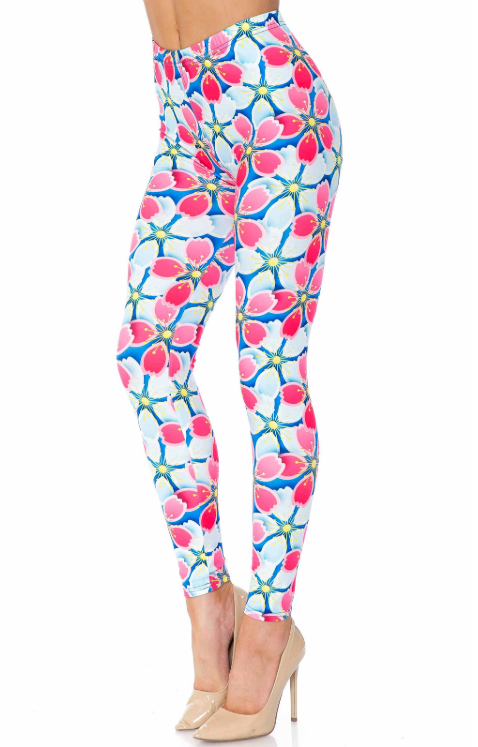 Creamy Soft Pink and Blue Sunshine Floral Leggings