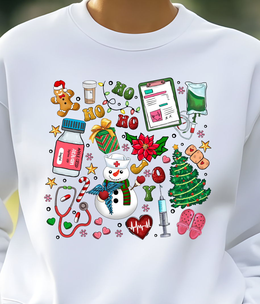 Christmas Nurse Collage Shirt - Screenprinted