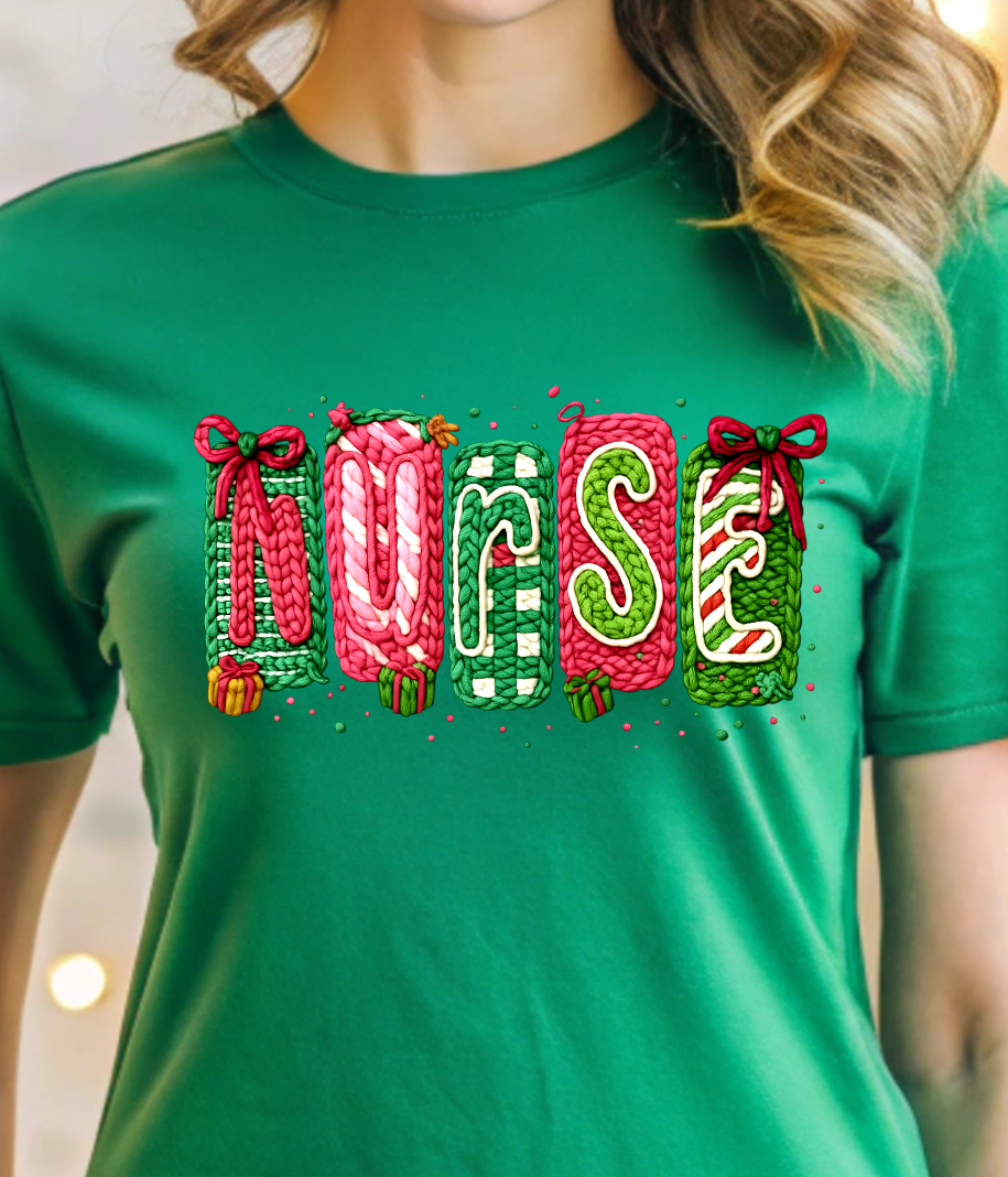 Christmas Nurse Yarn Scrapbook Lettering Shirt - Screenprinted
