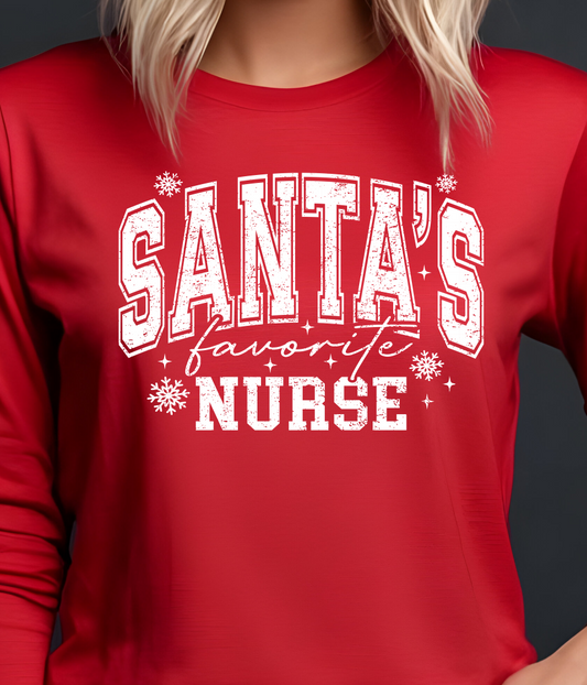 Christmas Nurse Santa's Favorite White Shirt - Screenprinted