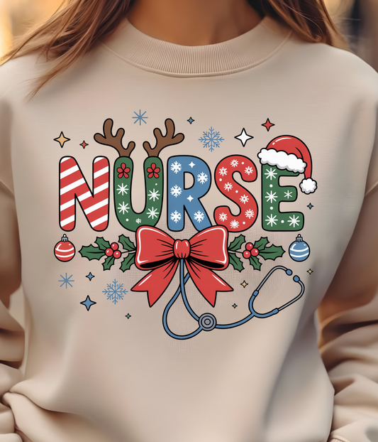 Christmas Nurse Whimsical Lettering Shirt - Screenprinted