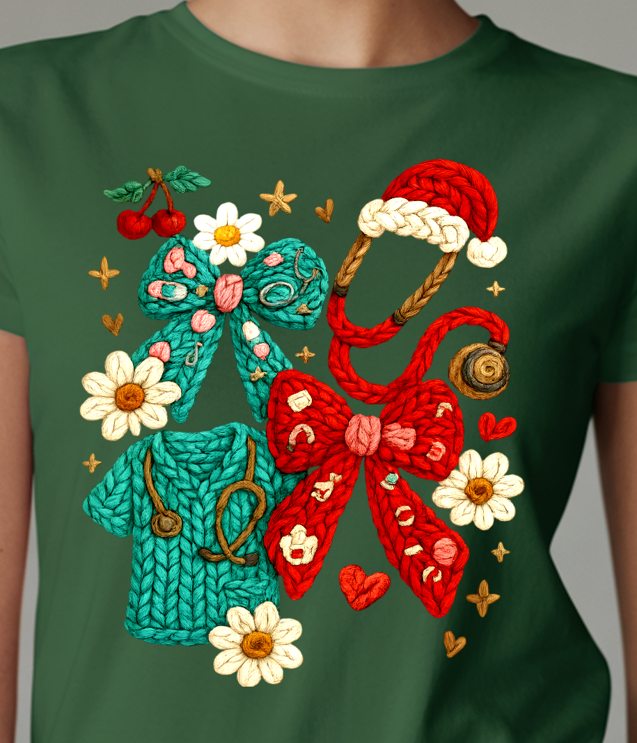 Christmas Nurse Yarn Scrub Bows Shirt - Screenprinted