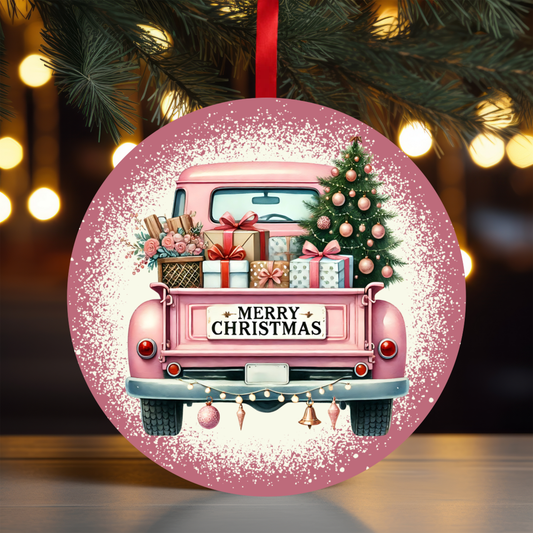 Christmas Truck Pink Ornament OR32 - Sublimation