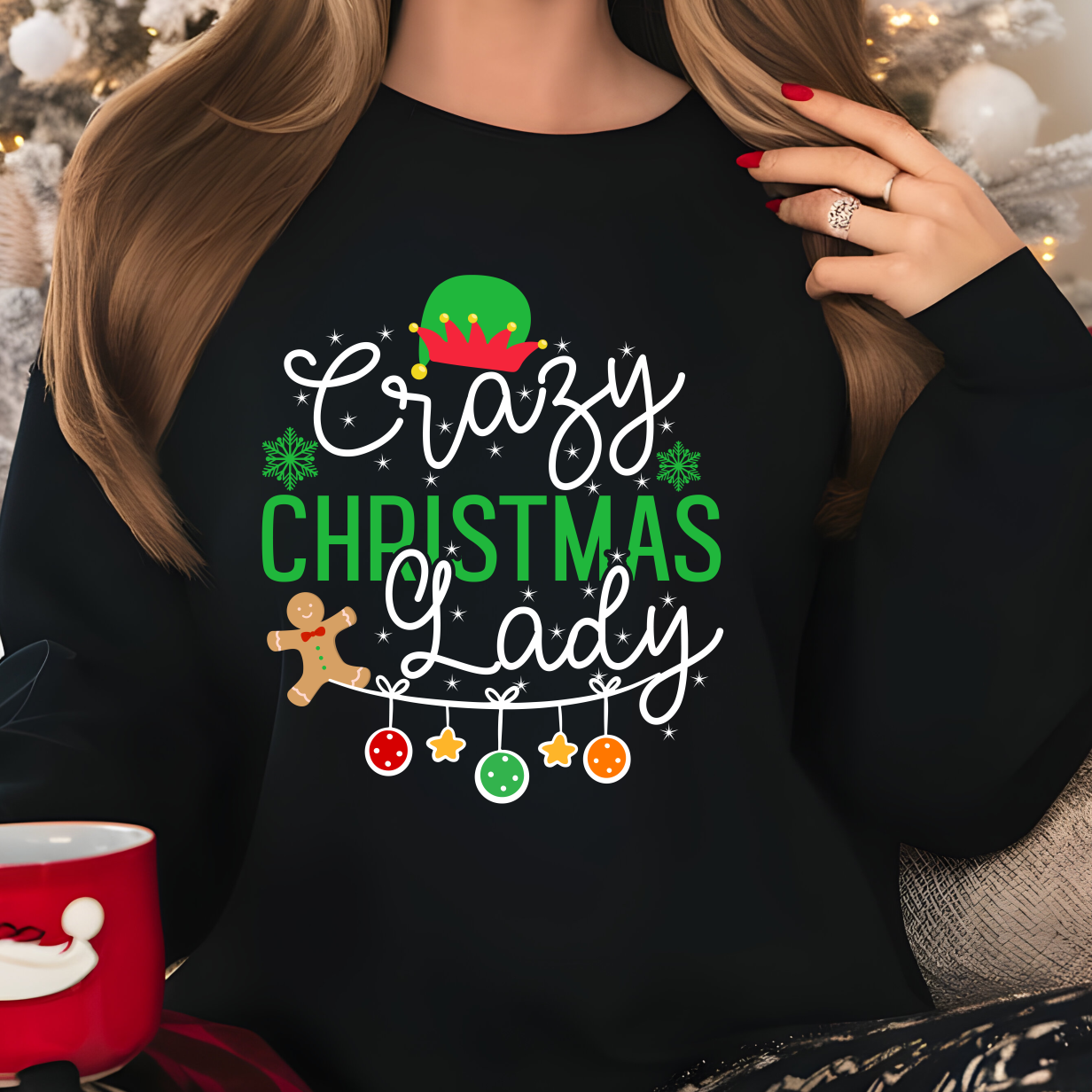 Crazy Christmas Lady White Shirt CH26 - Screenprinted