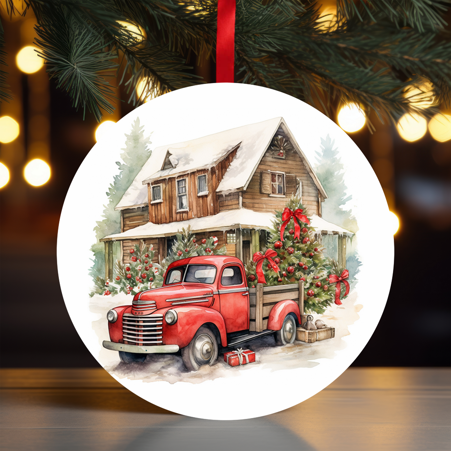 Christmas Farm Red Truck Ornament OR41 - Sublimation