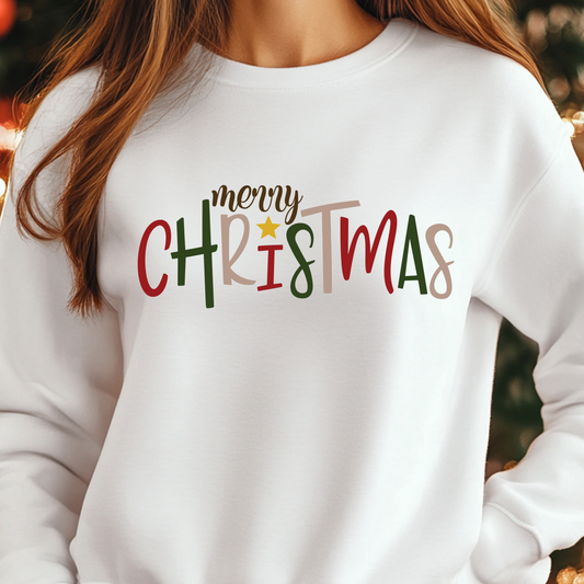 Merry Christmas Multi Color w Star Shirt CH97 - Screenprinted