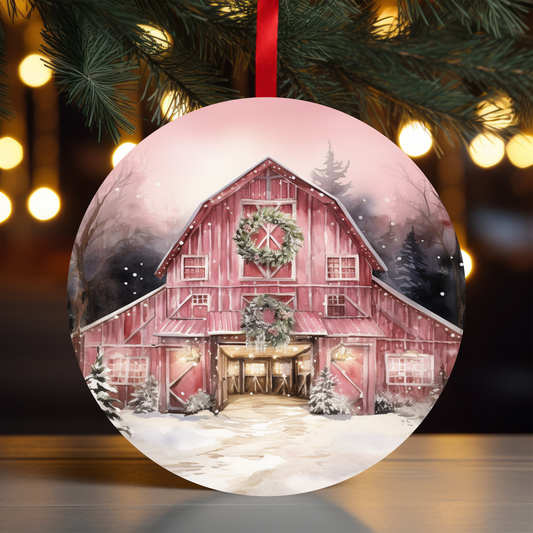 Pink Christmas Barn Ornament OR6 - Sublimation